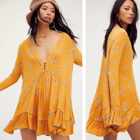 Free People Olivia Bell Sleeve Tunic Dress XSmall Orange Blue Pink White ✨ NWT - Picture 1 of 6